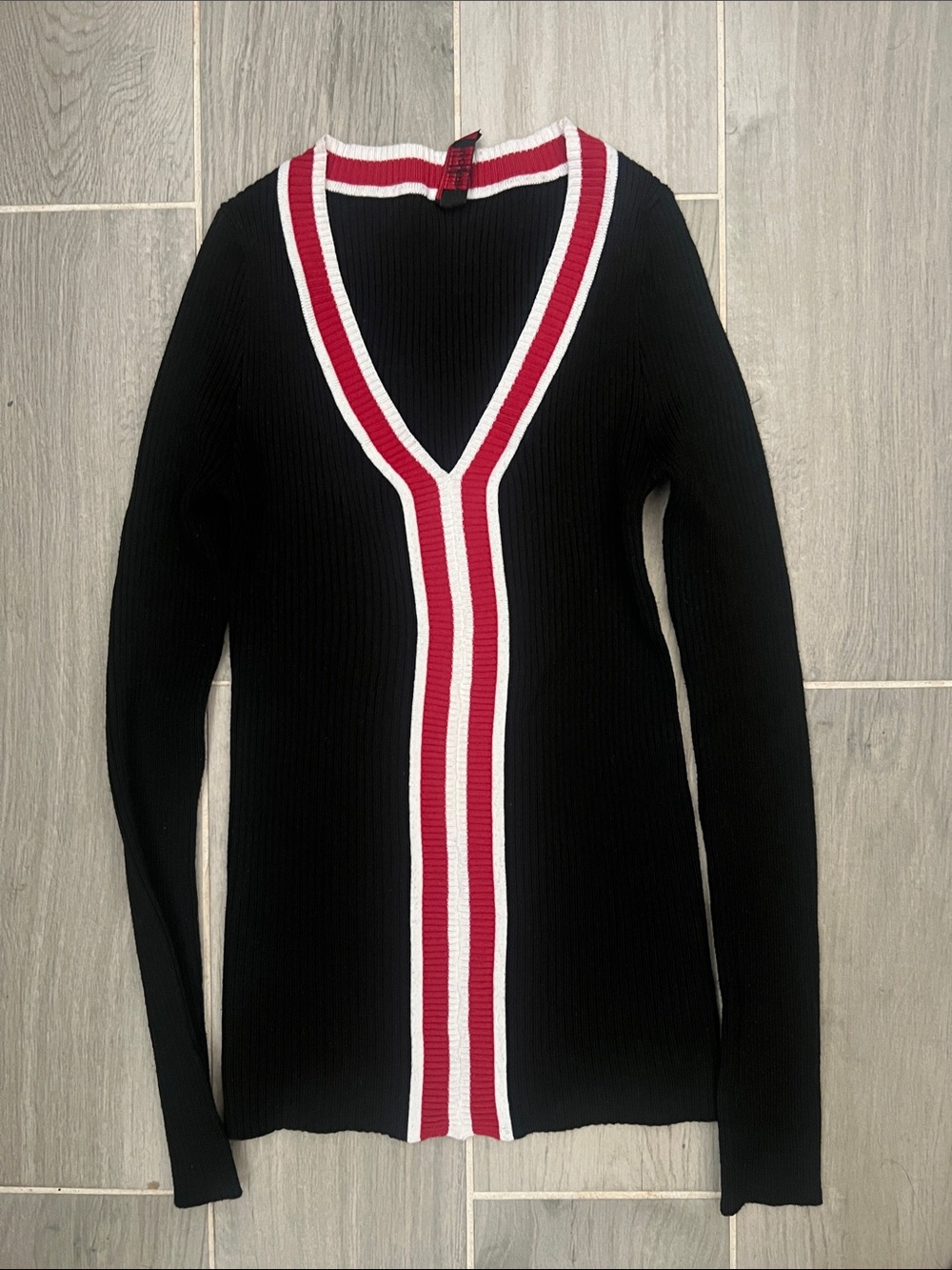 Yoki Black V-Neck Sweater with Red and White Stripe Trim